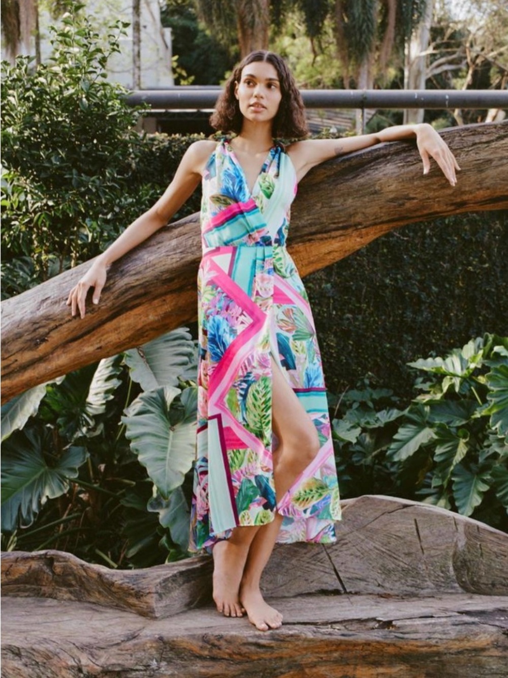 Zara Tropical Halter Maxi Dress - Pink & Teal